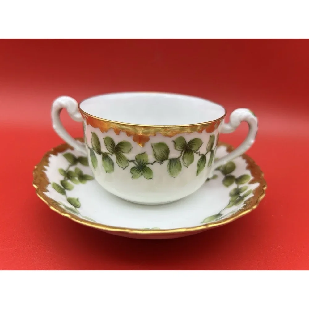 Antique T&V Limoges France Depose Green Vine w Rich Gold Rim 5 Place Setting